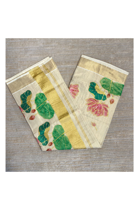 Southloom Tissue Kerala Kasavu Saree with Hand Painted Embroidery Lotus Design