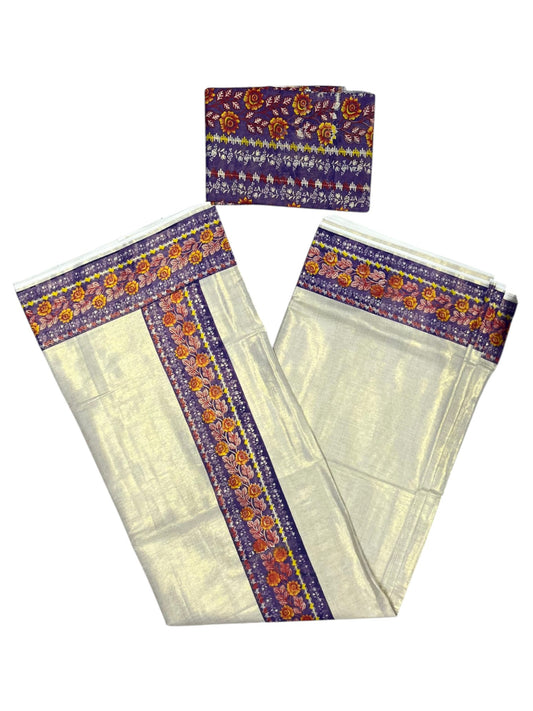 Southloom Kerala Tissue Plain Saree With Floral Digital Prints on Borders