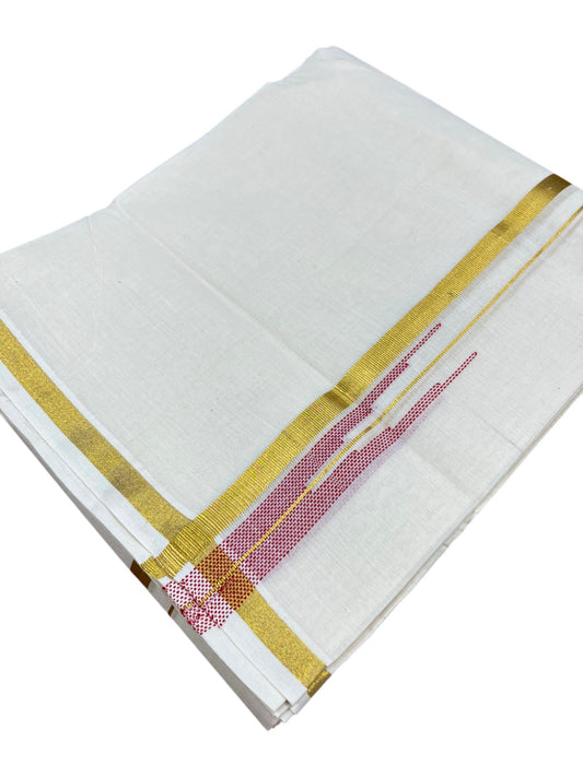 Southloom Kerala Pure Cotton Double Mundu with Gold Kasavu and Red Chuttikara Border with (South Indian Dhoti)