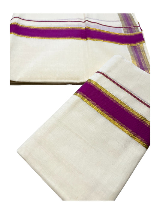 Kerala Cotton Set Mundu (Mundum Neriyathum) with Kasavu and Magentha Border