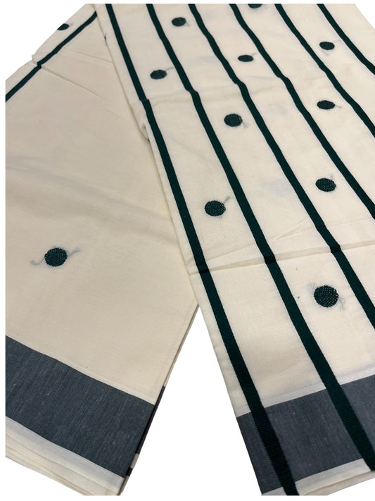 Southloom Kerala Pure Cotton Saree with Green Polka Embroidery Works on Body