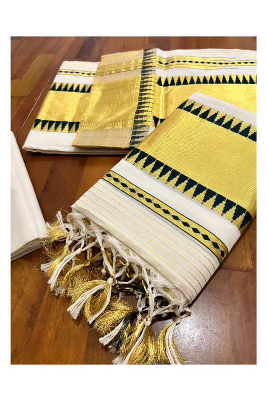 Southloom Super Premium Balaramapuram Handloom Single Set Mundu with Green Temple Kasavu Border 2.80 Mtrs