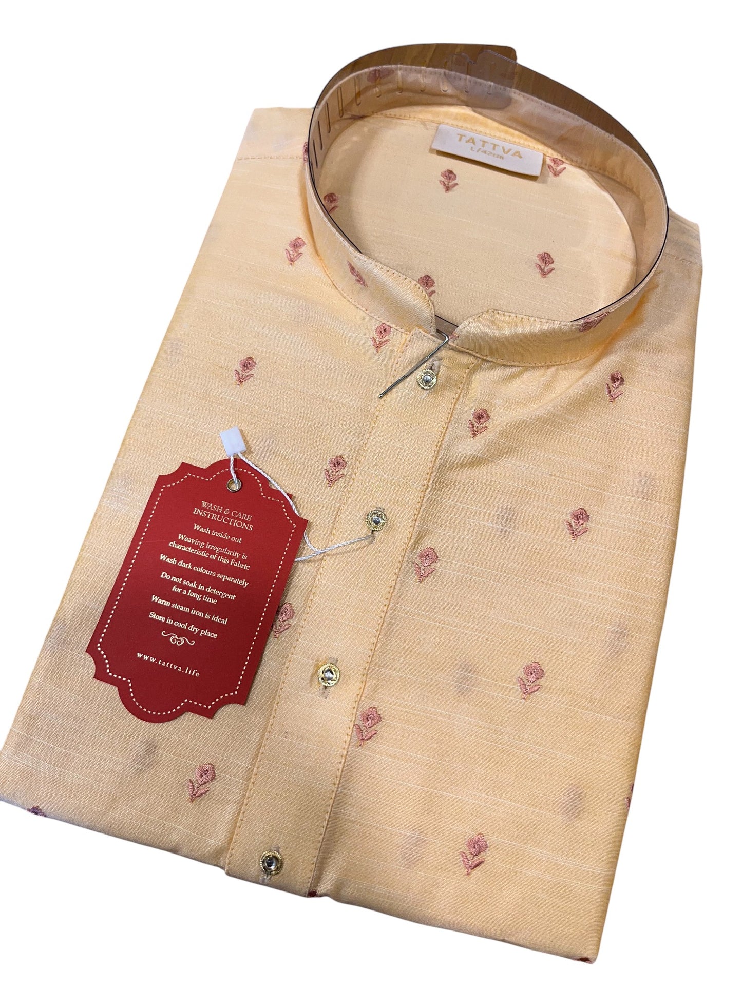 Southloom Beige Woven Patterns Semi Silk Short Kurta for Men