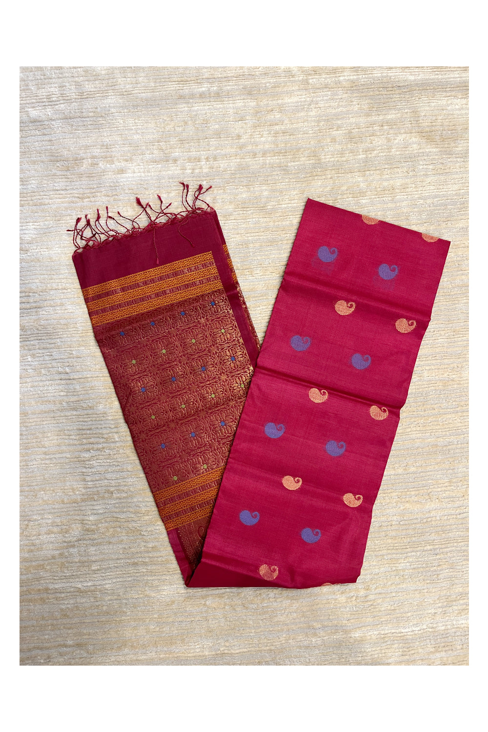 Southloom Pure Handloom Cotton Silk Saree With Handwoven Work Across Body and Blouse in Maroon And Magenta