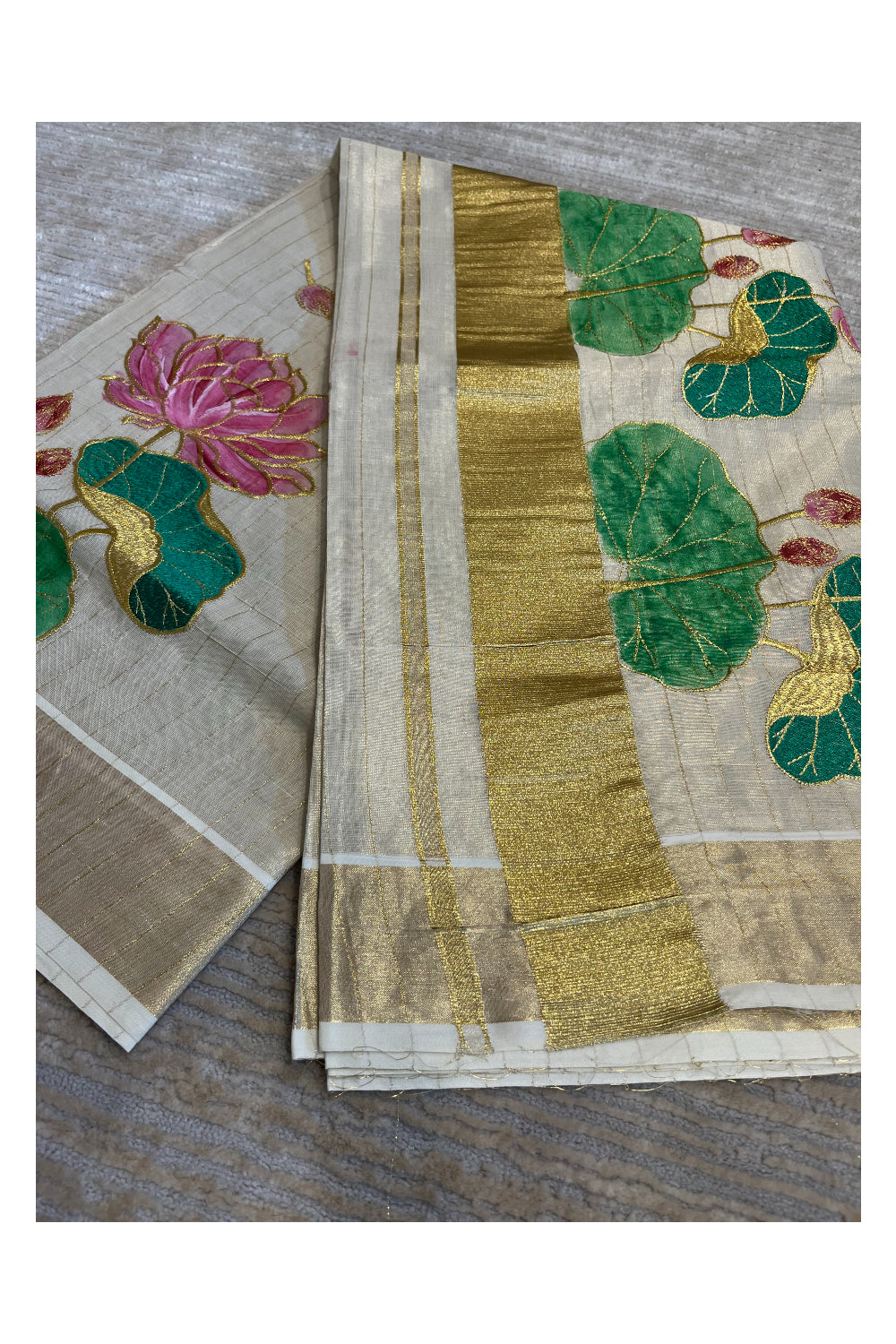 Southloom Tissue Kerala Kasavu Saree with Hand Painted Embroidery Lotus Design