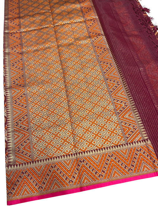 Southloom Cotton Banarasi Silk Saree with Woven Work on Body and Borders (Orange & Magenta)