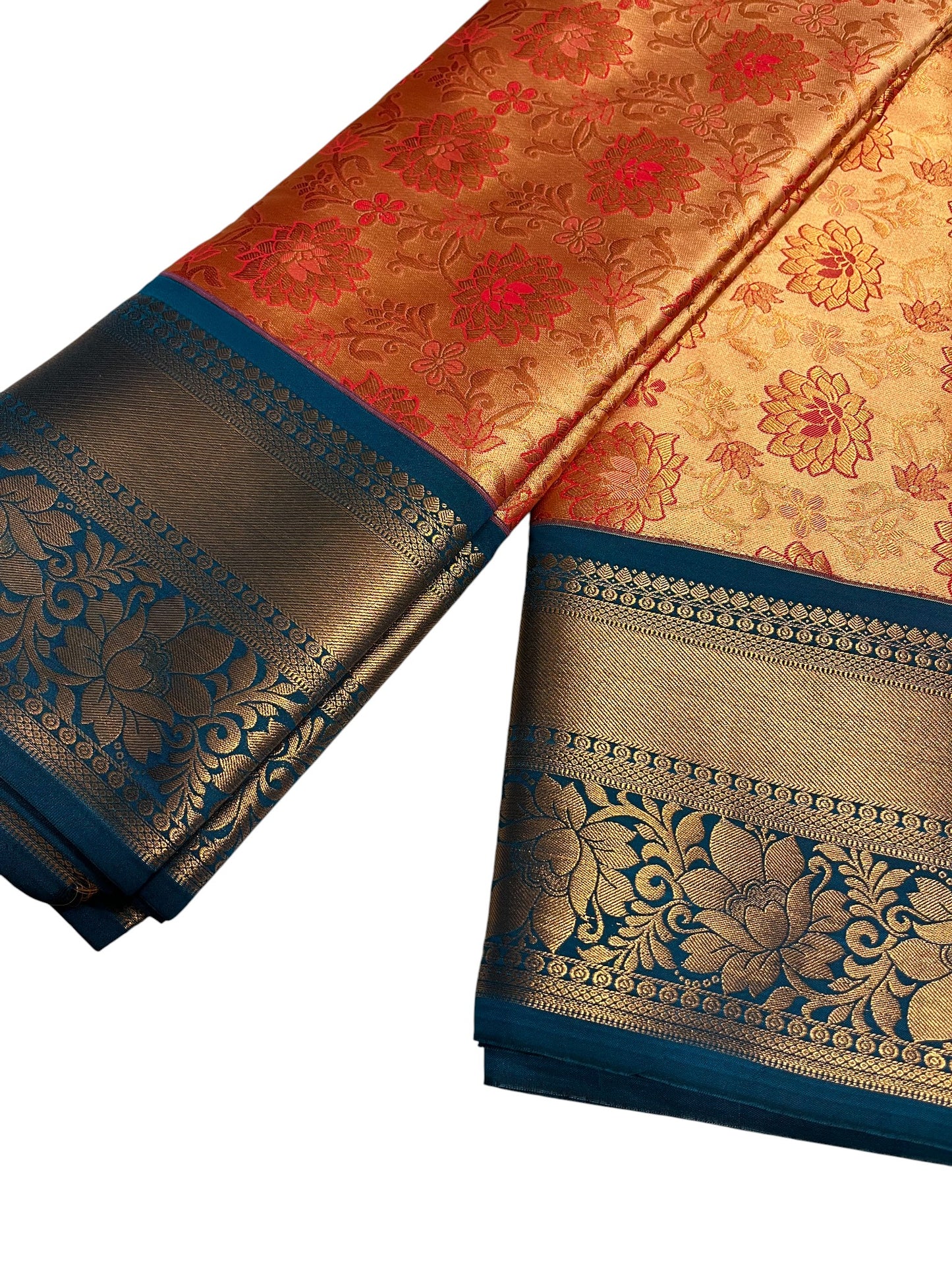 Southloom Banarasi Semi Silk Saree with Floral Zari Work Across Body (Orange & Blue)