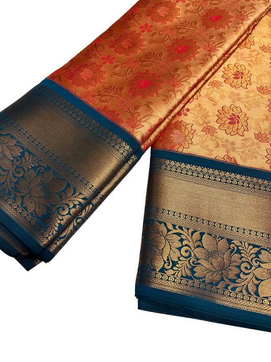 Southloom Banarasi Semi Silk Saree with Floral Zari Work Across Body (Orange & Blue)