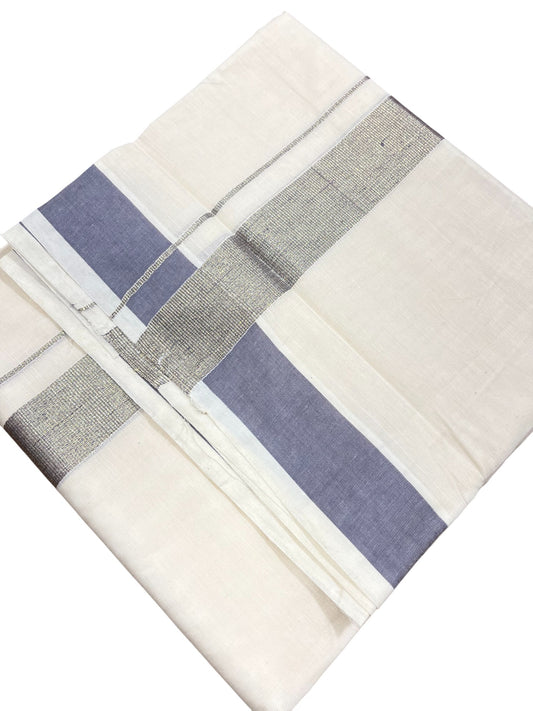 Southloom Kerala Pure Cotton Double Mundu with Grey Lines & Blue Border (South Indian Dhoti)
