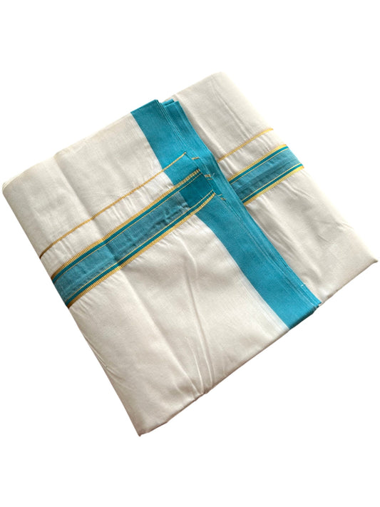 Southloom Pure Cotton Mundu with Golden Lines and Blue Border (South Indian Kerala Dhoti)
