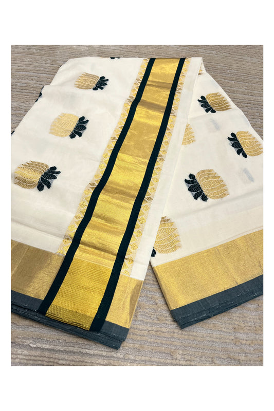 Southloom Premium Cotton Handloom Kerala Kasavu Saree with Woven Lotus Work