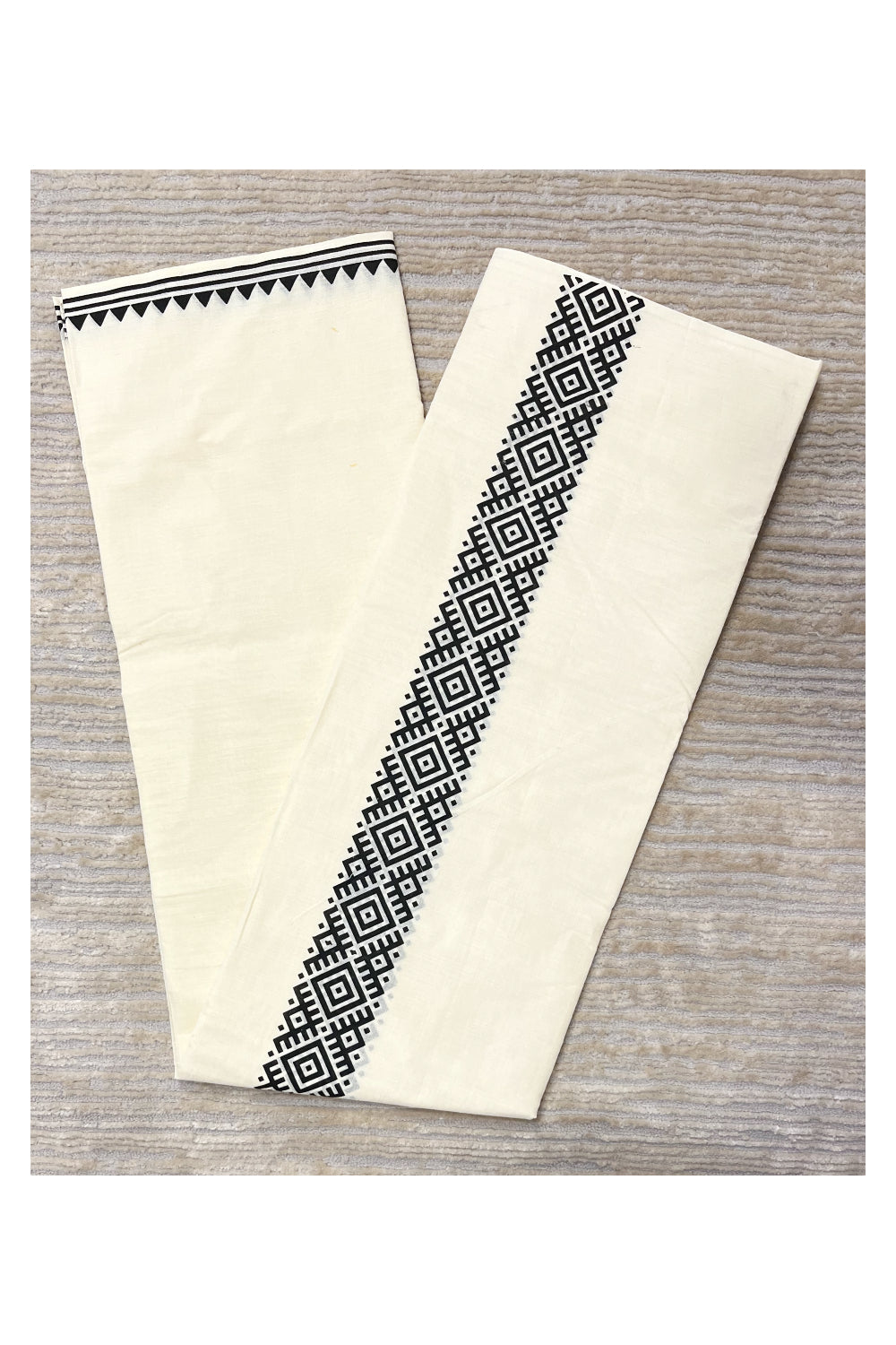 Pure Cotton Off White Double Mundu with Block Prints on Black Kara (South Indian Dhoti)