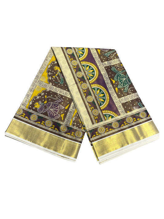 Southloom Kerala Tissue Kasavu Saree with Brown and Violet Hand Painted