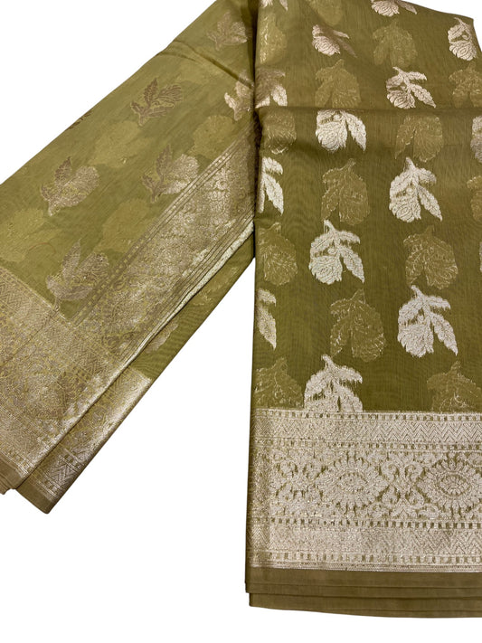 Southloom Cotton Banarasi Silk Saree with Woven Work on Body and Borders (Green)