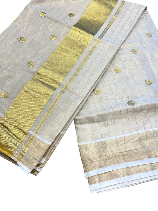 Southloom Kerala Tissue Kasavu Stripes Saree with Polka Embroidery Works Across Body