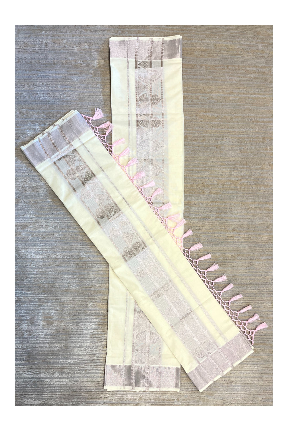 Southloom Pink Kasavu Set Mundu with Woven Work in Kara and Matching Pink Tassels