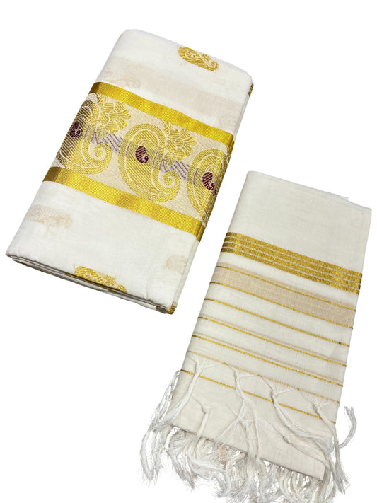 Southloom Premium Handloom Cotton Churidar Salwar Material with Kasavu Woven Design (include Lines Shawl / Dupatta)