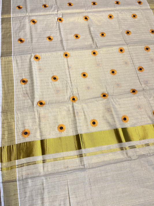 Kerala Tissue Kasavu Lines Saree with Flower Floral Embroidery Works