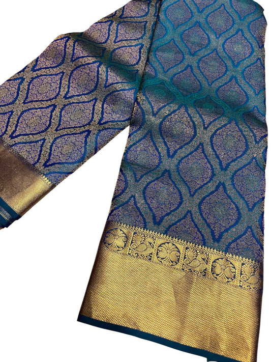 Southloom Pure Handloom Bridal Kanchipuram Silk Saree with Korvai Work (Blue)