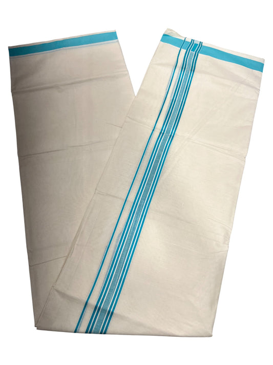 Southloom Pure Cotton Double Mundu With White Lines & Blue Border (South Indian Kerala Dhoti)