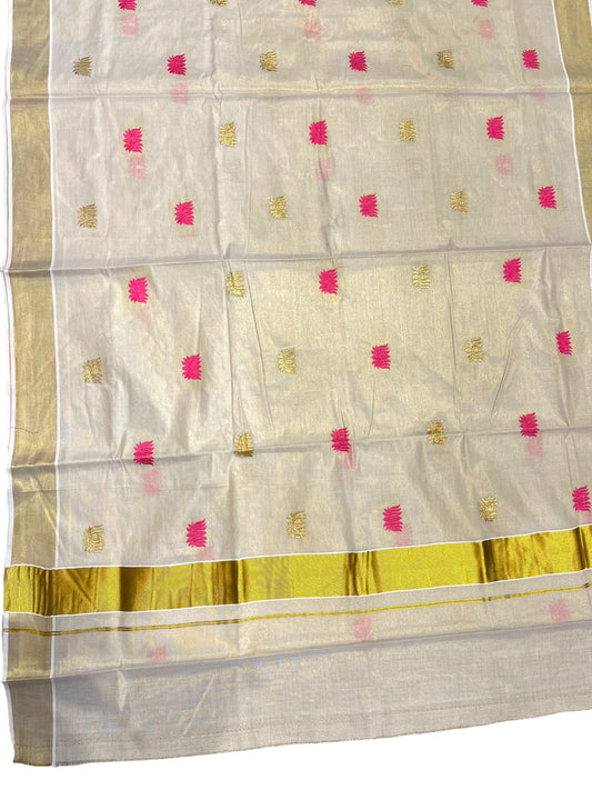 Southloom Kerala Tissue Plain Kasavu Saree with Pink And Gold Lotus Embroidery Works