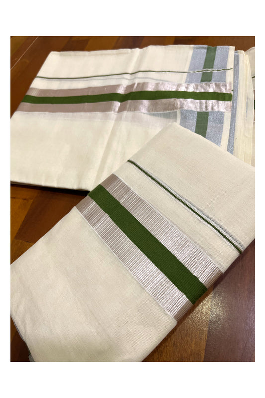 Kerala Cotton Mundum Neriyathum Single (Set Mundu) with Olive Green and Silver Kasavu Border 2.80 Mtrs