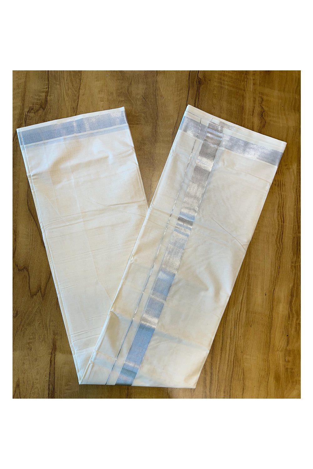 Pure Cotton Mundu with Silver Lines and Silver Border (South Indian Kerala Dhoti)