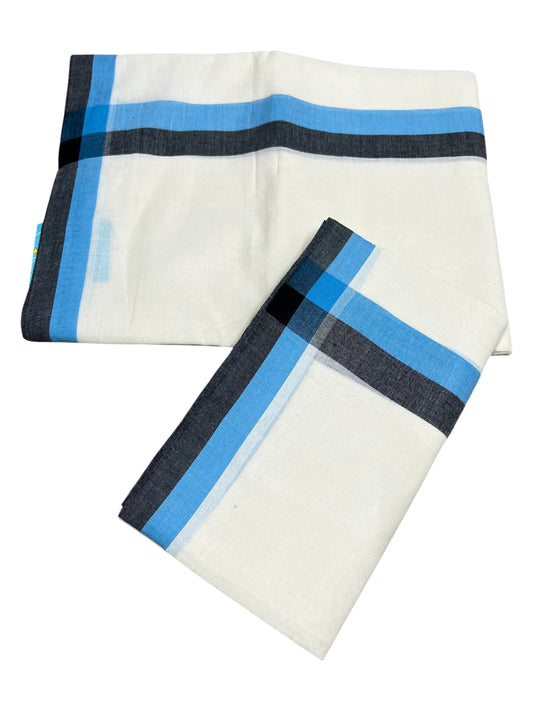 Southloom Pure Cotton Kerala Single Mulloth Set Mundu (Mundum Neriyathum) Black And Blue Border in 2.80 mtrs