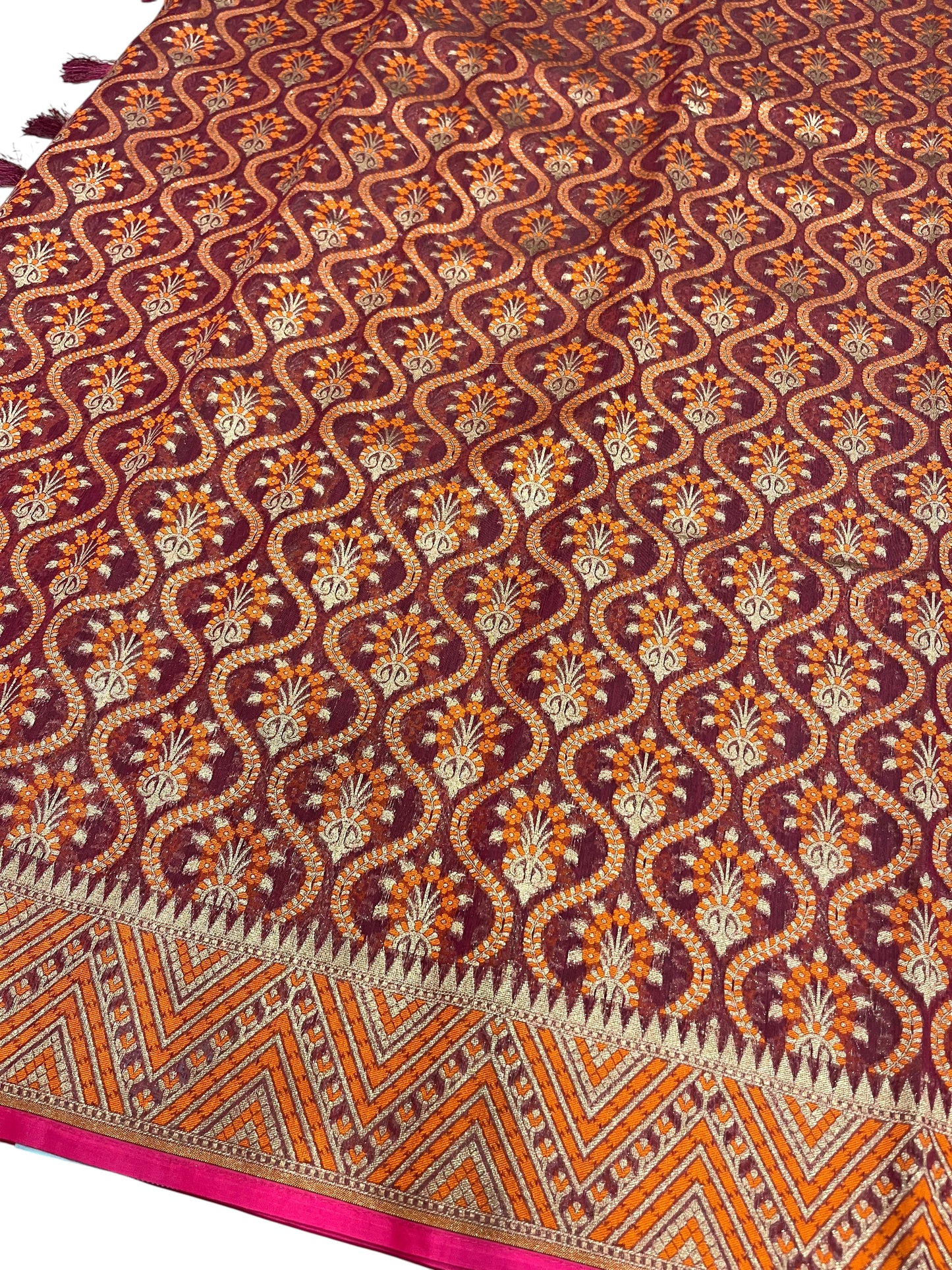 Southloom Cotton Banarasi Silk Saree with Woven Work on Body and Borders (Orange & Magenta)