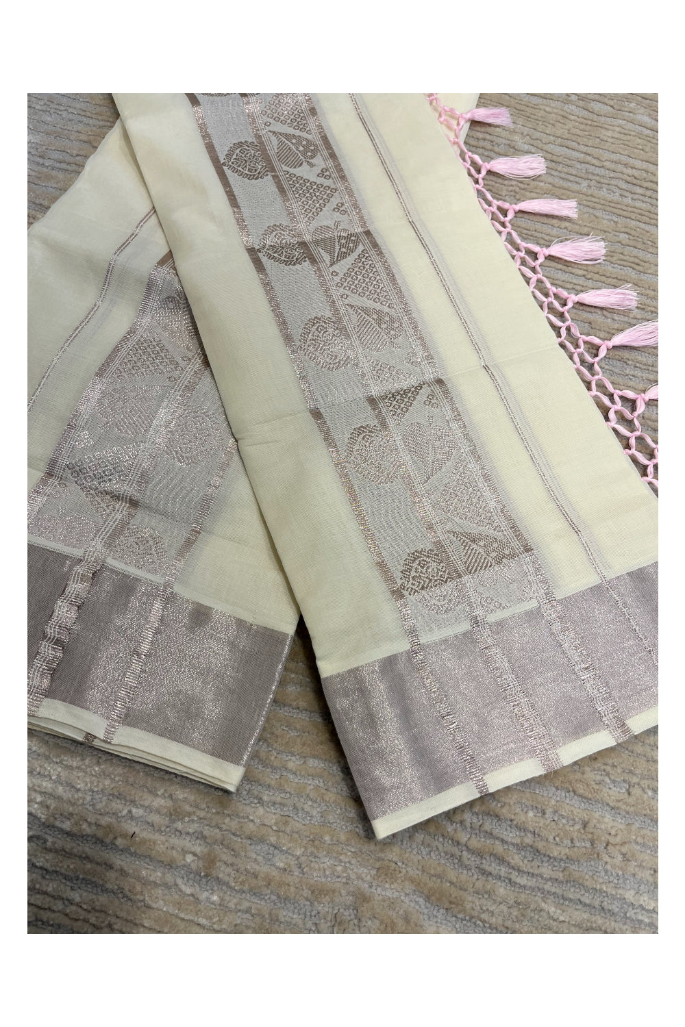 Southloom Pink Kasavu Set Mundu with Woven Work in Kara and Matching Pink Tassels