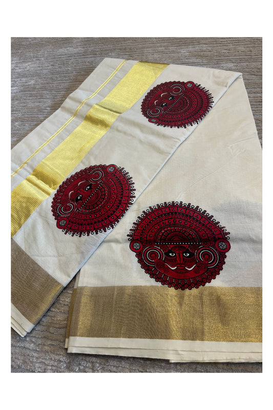Southloom Kerala Cotton Kasavu Saree with Theyyam Prints