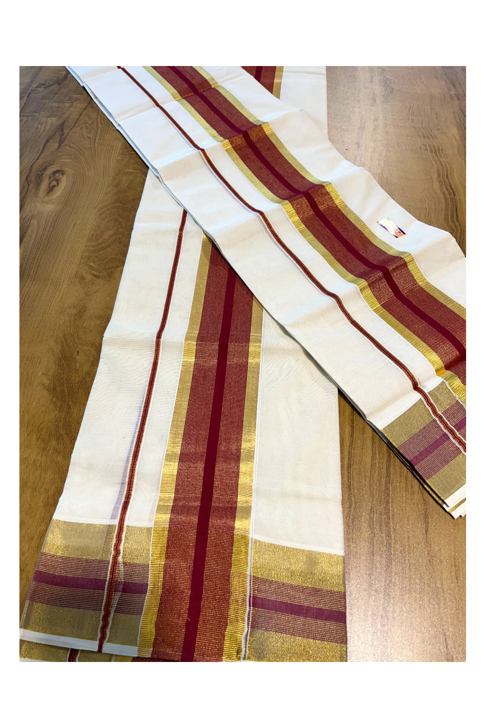 Kerala Cotton Set Mundu (Mundum Neriyathum) with Maroon and Kasavu Border 2.80 Mtrs