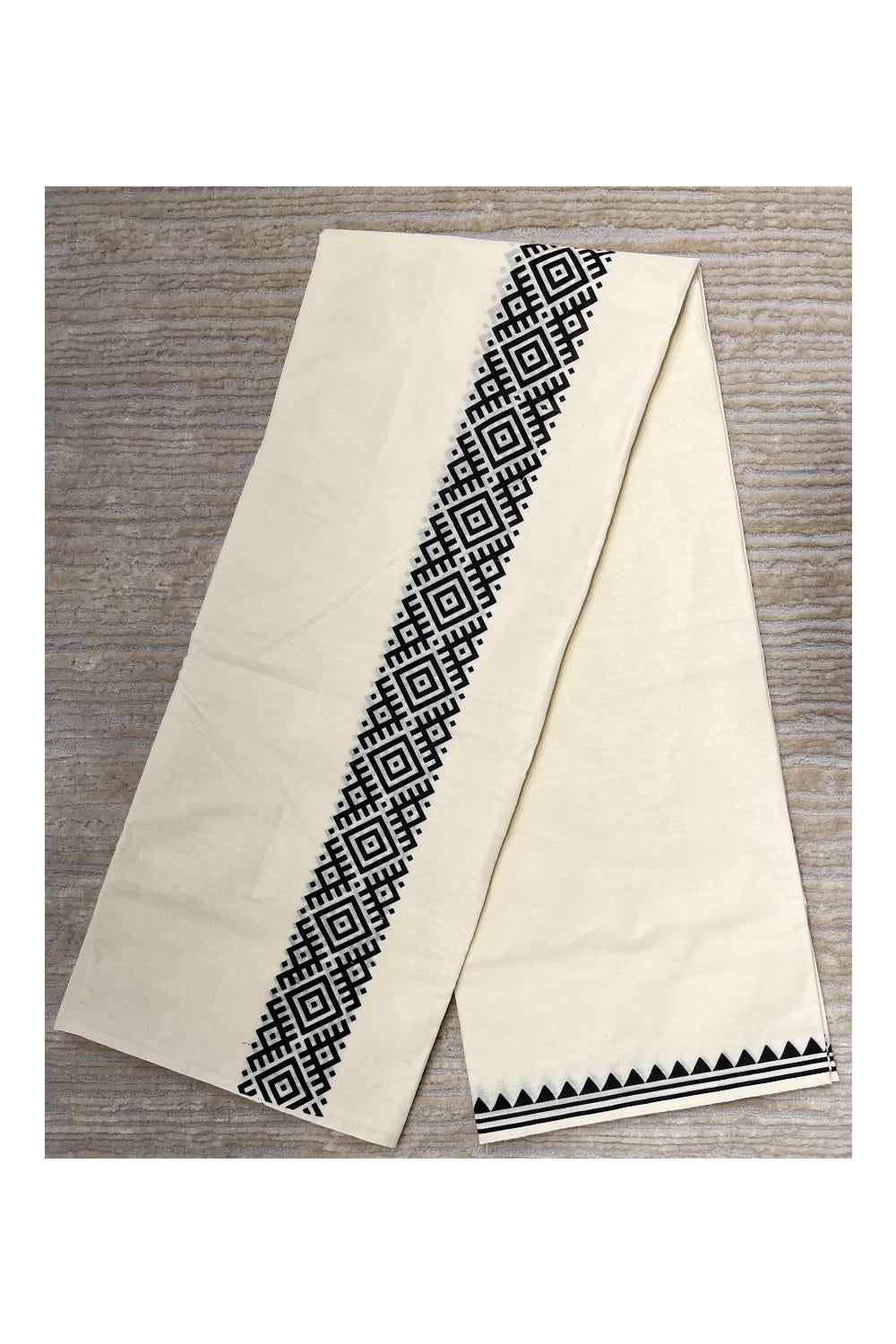 Pure Cotton Off White Double Mundu with Block Prints on Black Kara (South Indian Dhoti)
