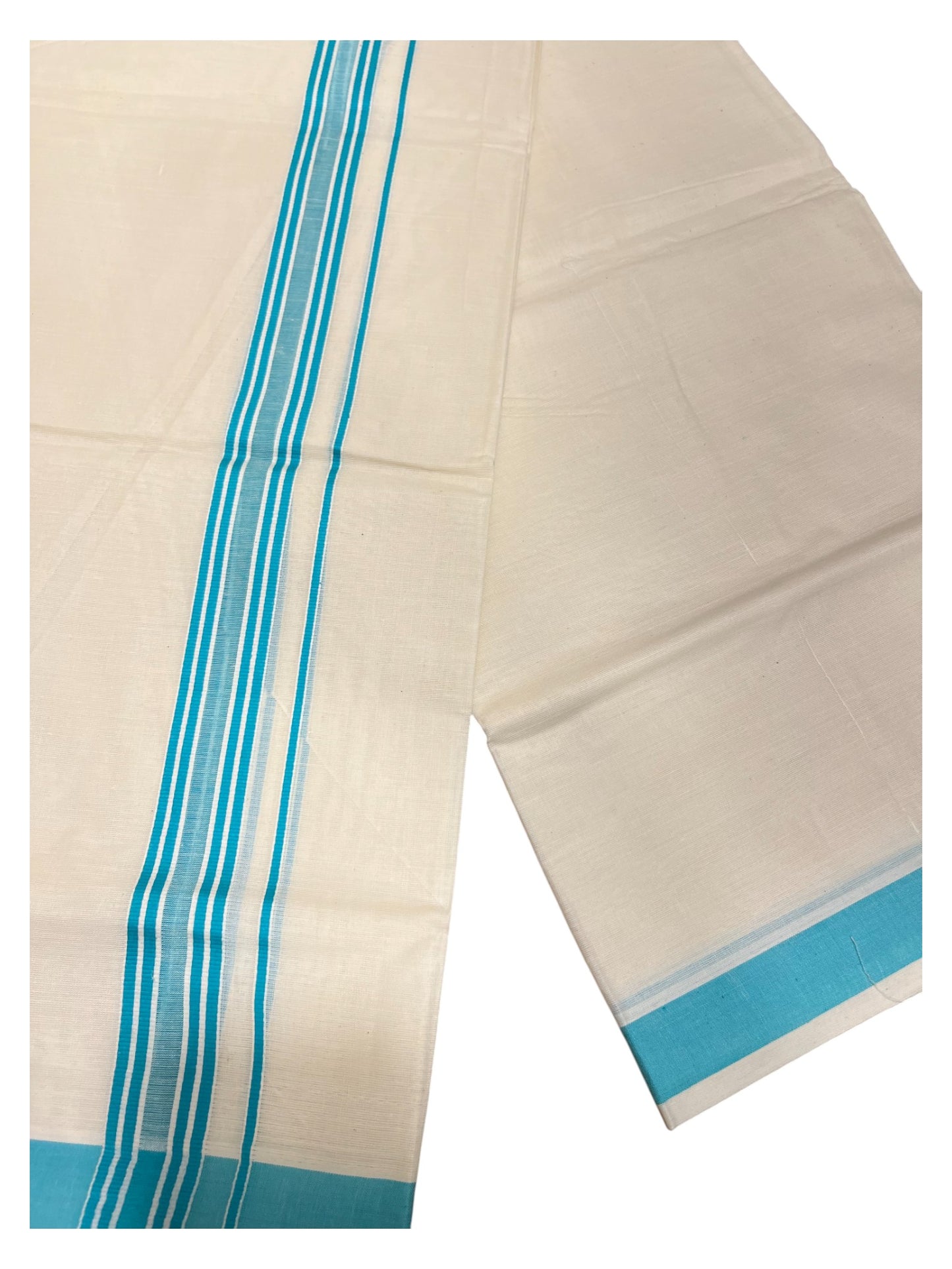 Southloom Pure Cotton Double Mundu With White Lines & Blue Border (South Indian Kerala Dhoti)
