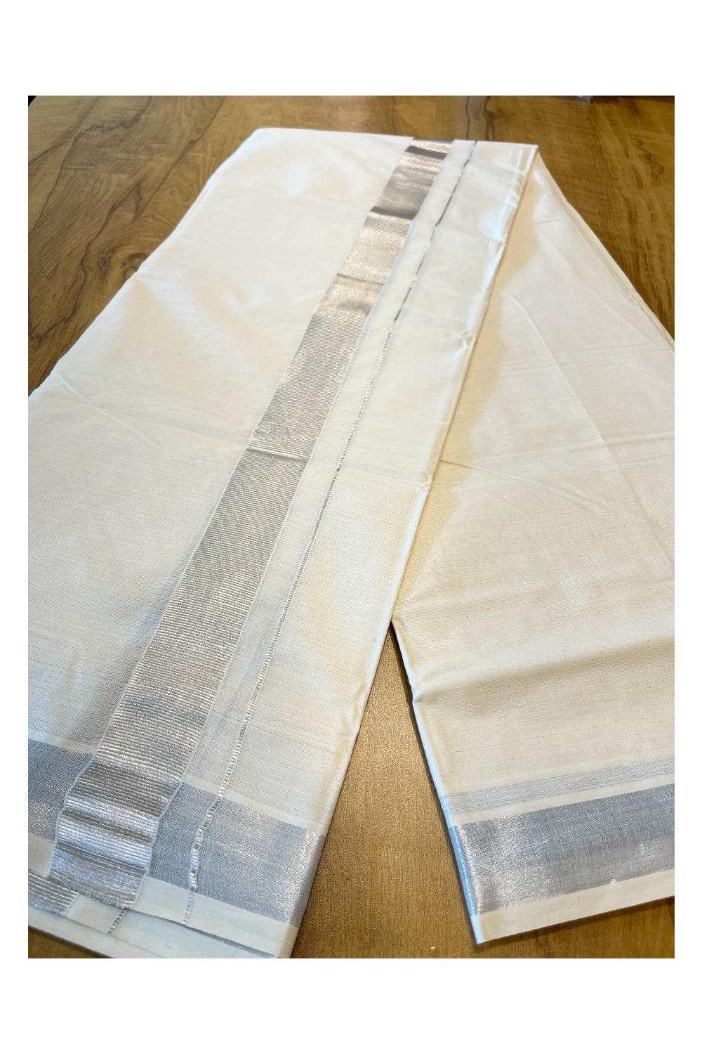 Pure Cotton Mundu with Silver Lines and Silver Border (South Indian Kerala Dhoti)
