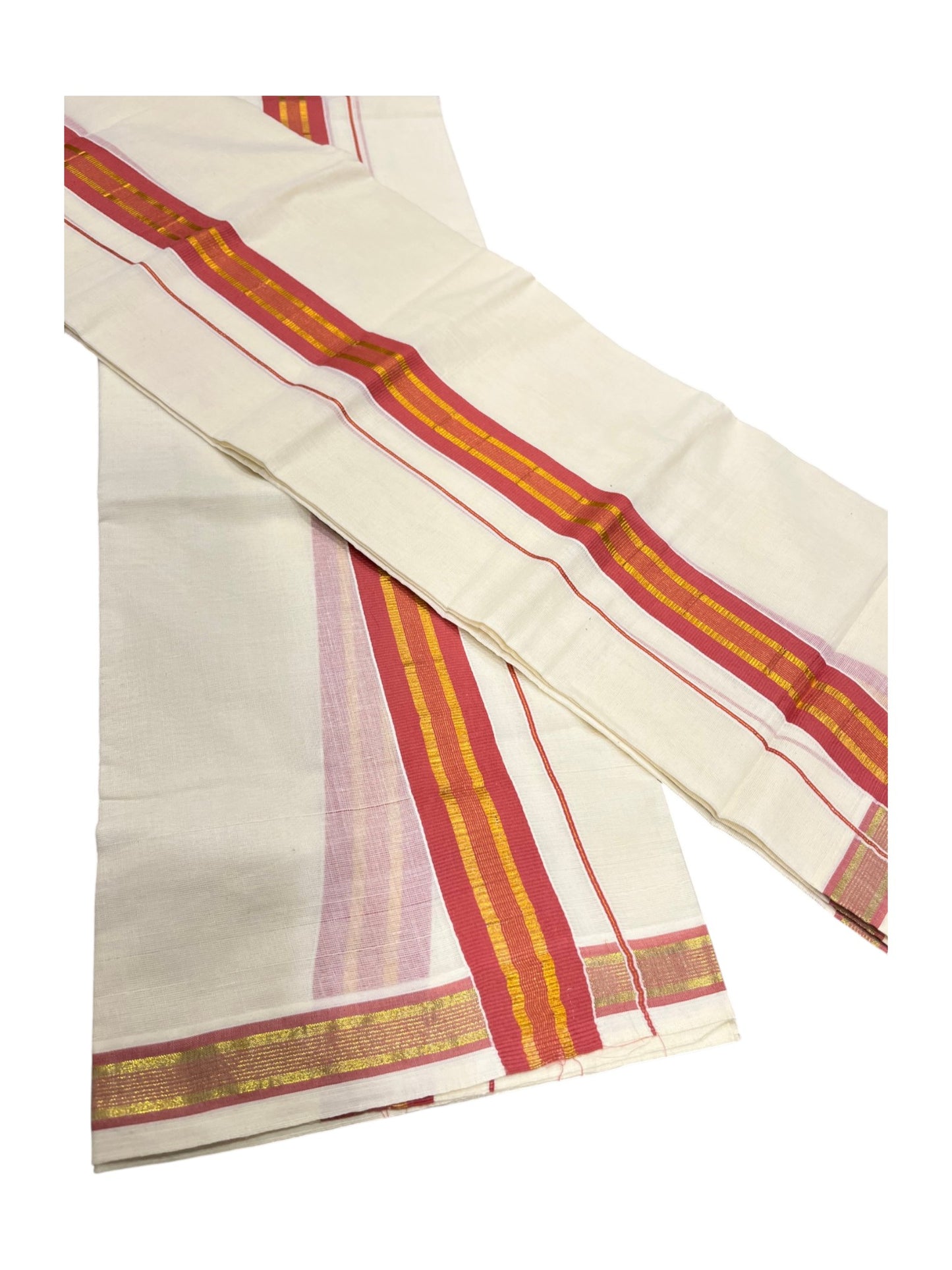 Southloom Kerala Cotton Single Set Mundu (Mundum Neriyathum) with Kasavu and BrickRed Border