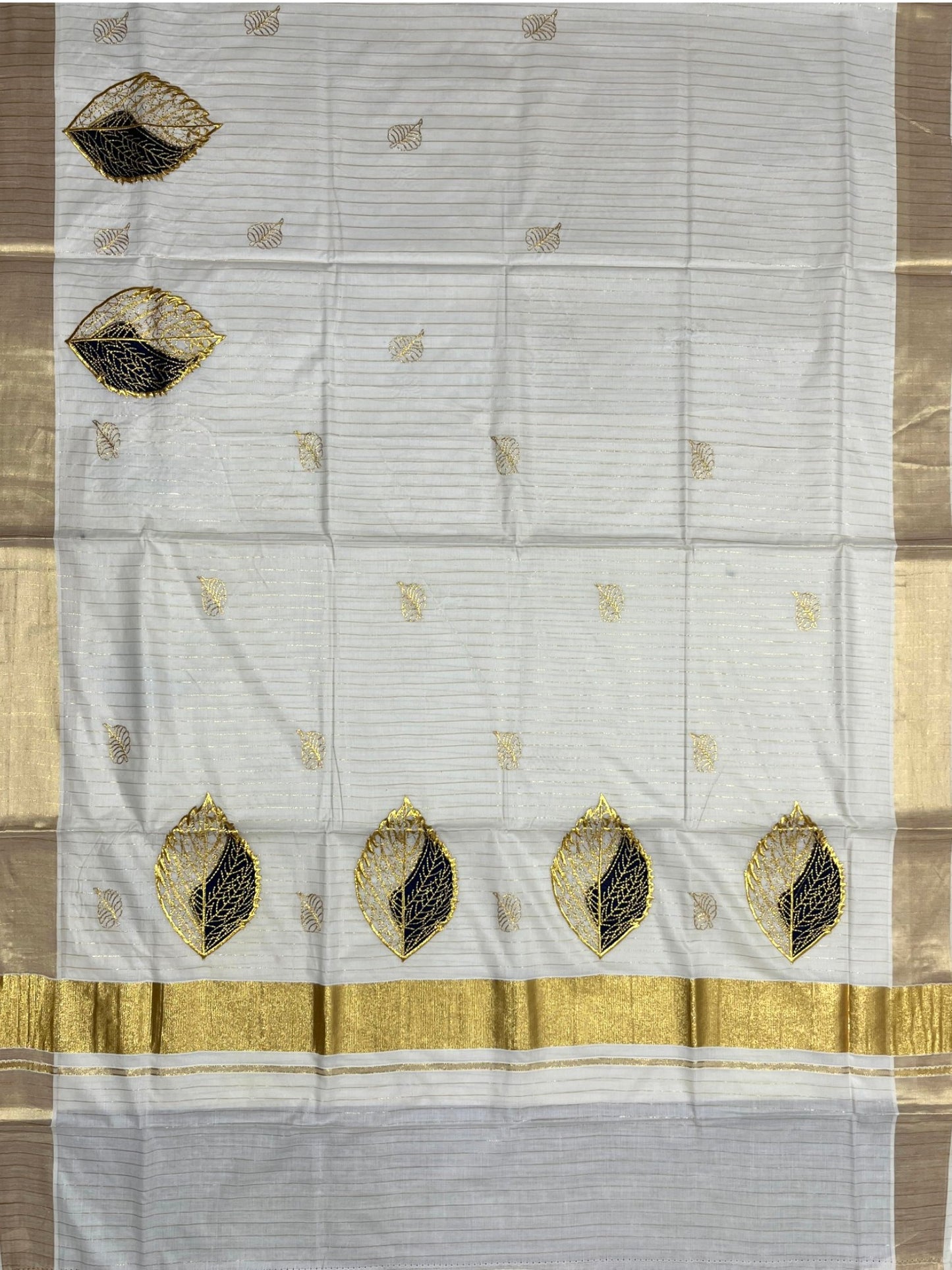 Southloom Kerala Kasavu Lines Saree with High Quality Embroidery Work in Kasavu and Blue
