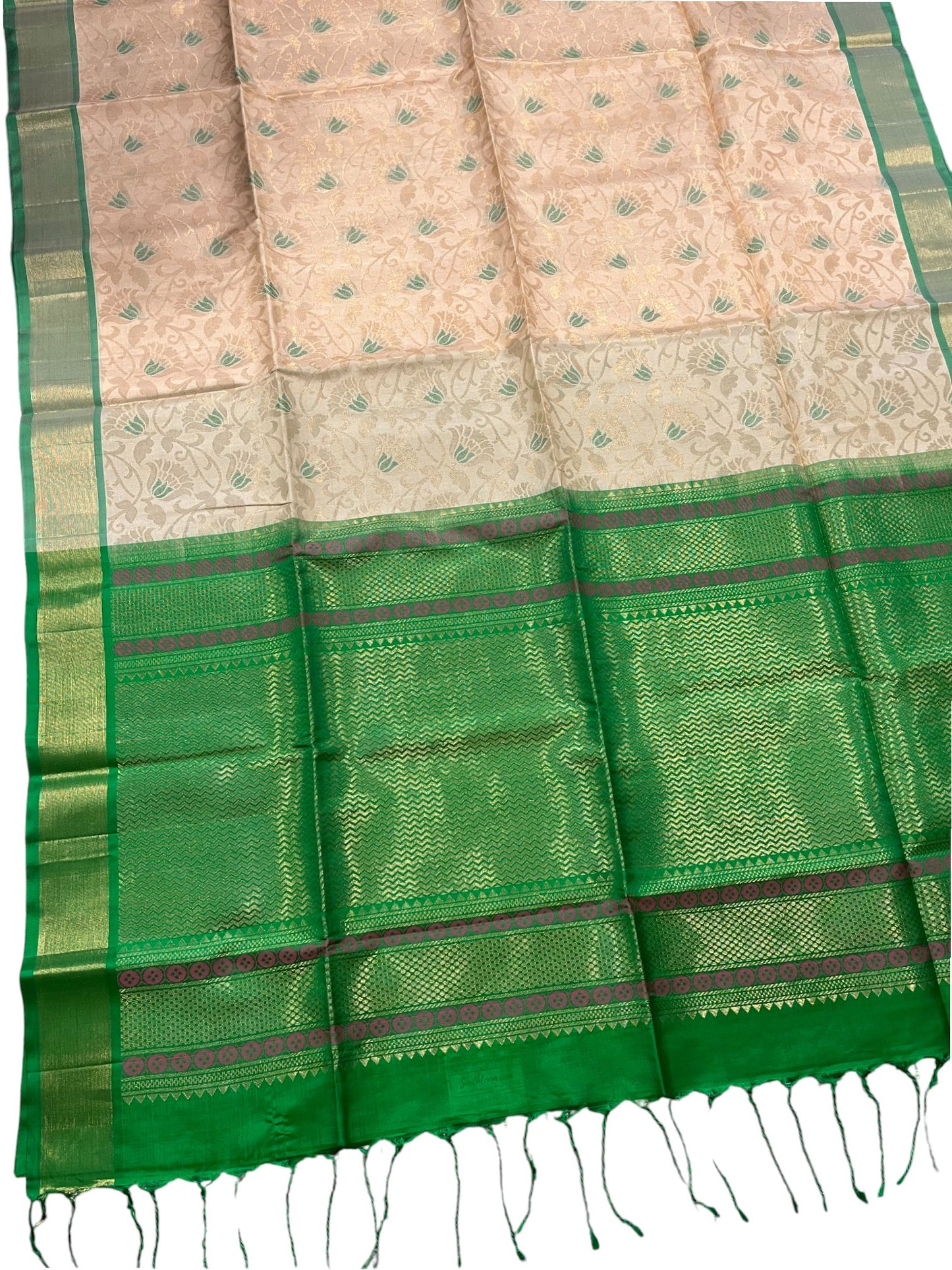 Southloom Pure Handloom Kanchipuram Silk Saree with Korvai Work (Beige & Green)