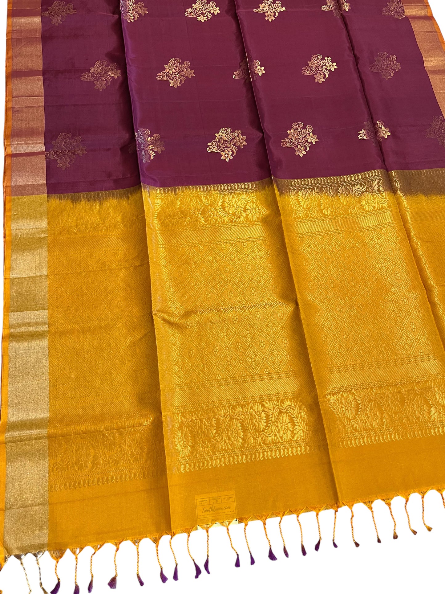 Southloom Pure Handloom Kanchipuram Silk Saree with Butta Work (Yellow & Purple)