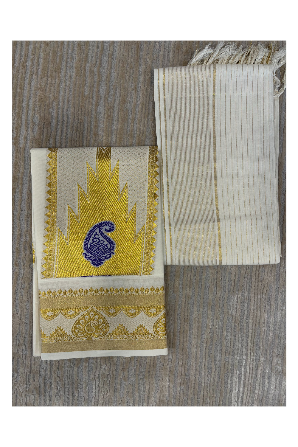 Southloom™ Cotton Churidar Salwar Suit Material with Gold and Blue Woven Work (include Lines Shawl / Dupatta)