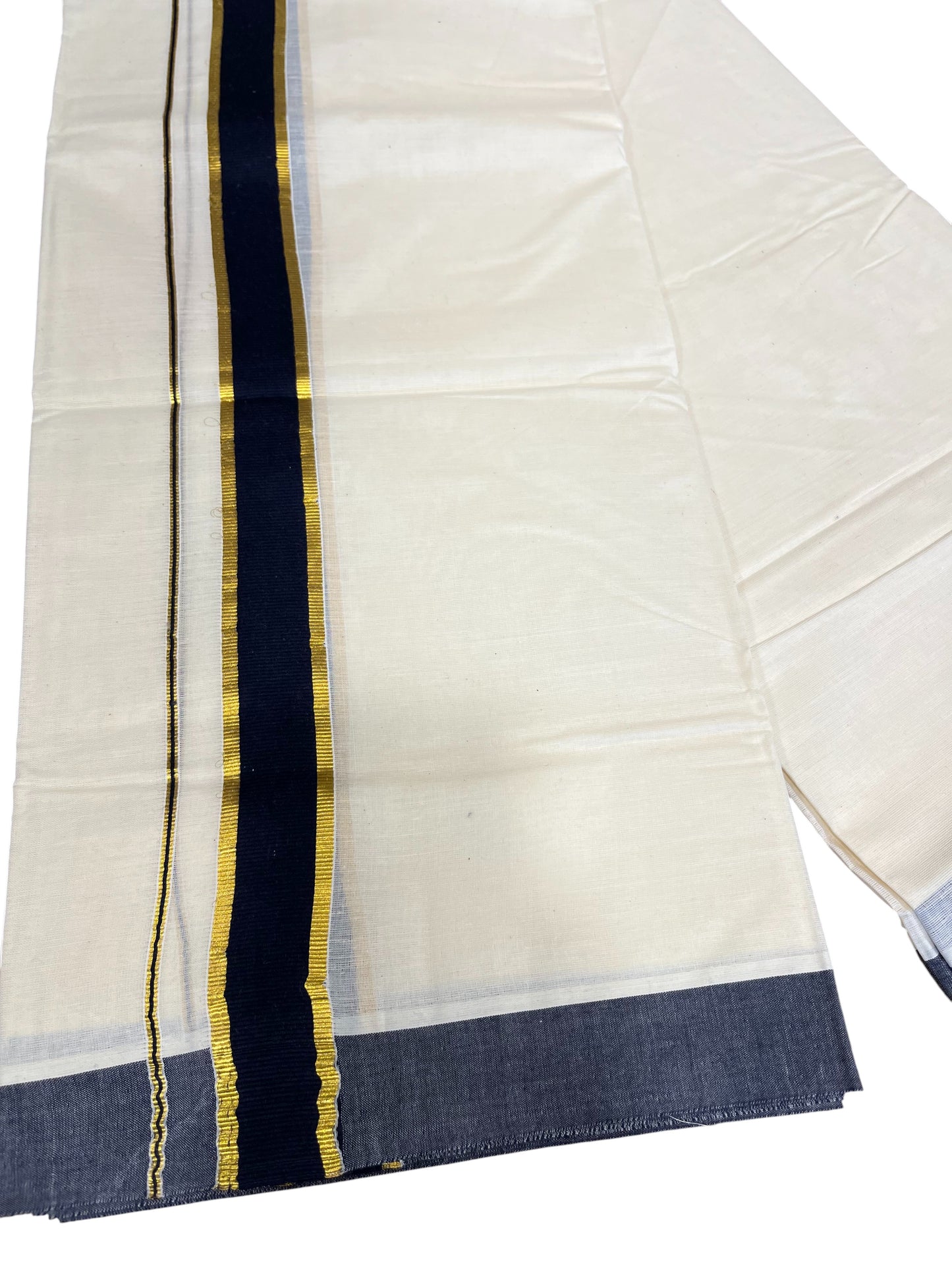 Southloom Pure Cotton Mundu with Gold Kasavu and Blue Colour Border (South Indian Kerala Dhoti)
