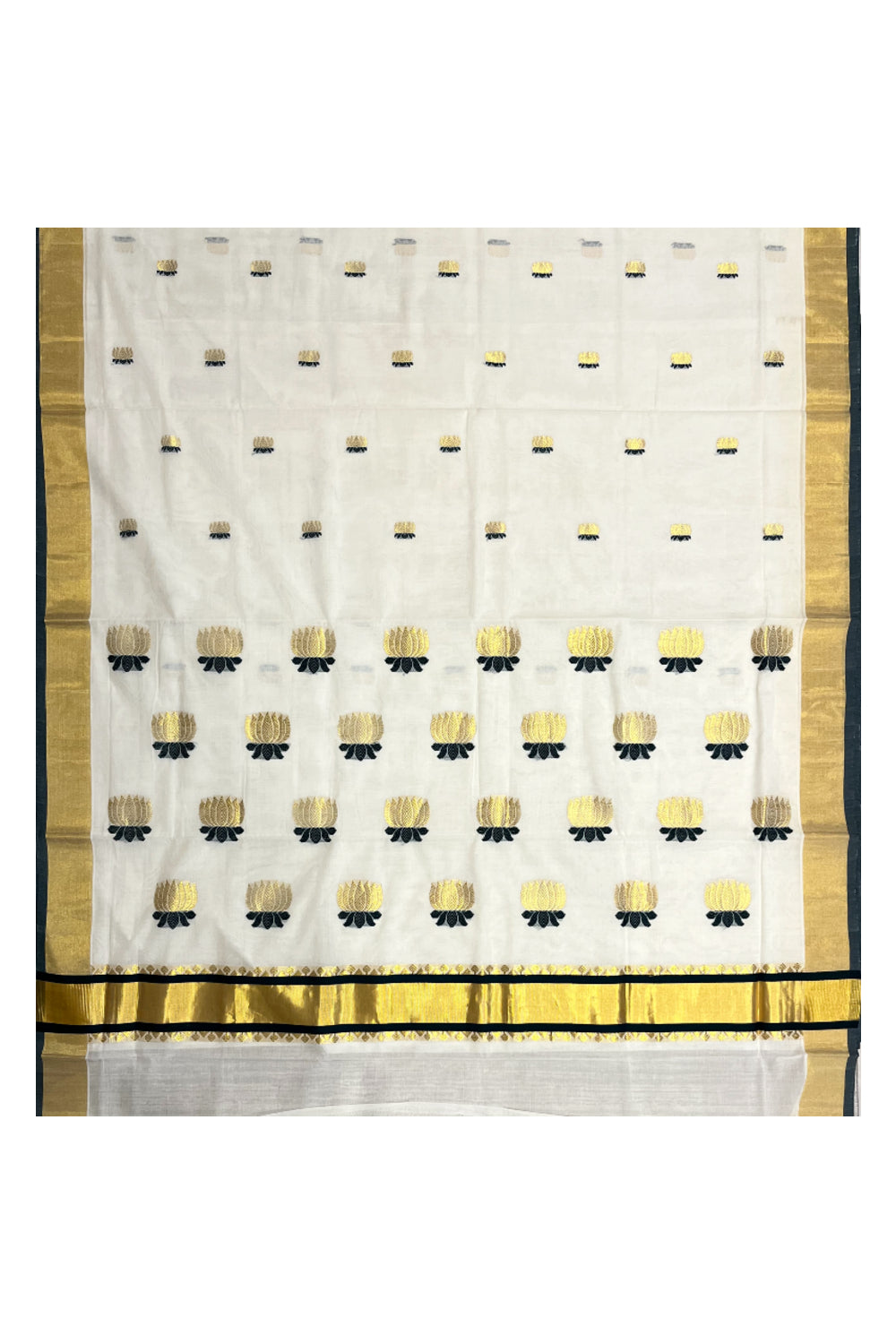 Southloom Premium Cotton Handloom Kerala Kasavu Saree with Woven Lotus Work