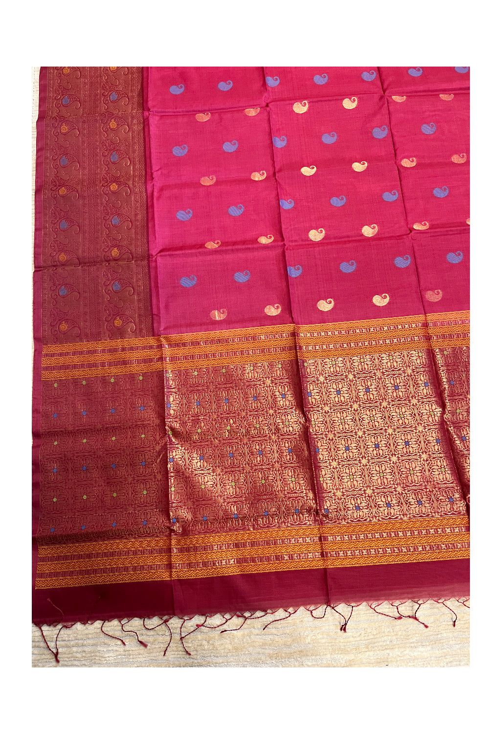 Southloom Pure Handloom Cotton Silk Saree With Handwoven Work Across Body and Blouse in Maroon And Magenta