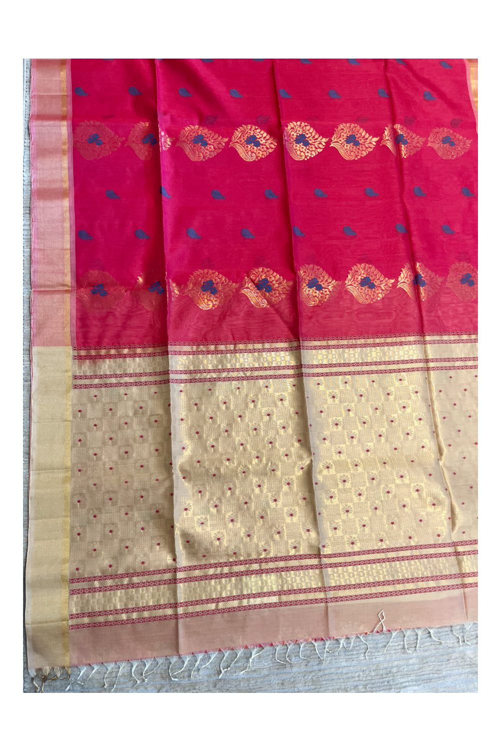 Southloom Pure Handloom Cotton Silk Saree With Handwoven Work Across Body and Blouse in Pink And Beige