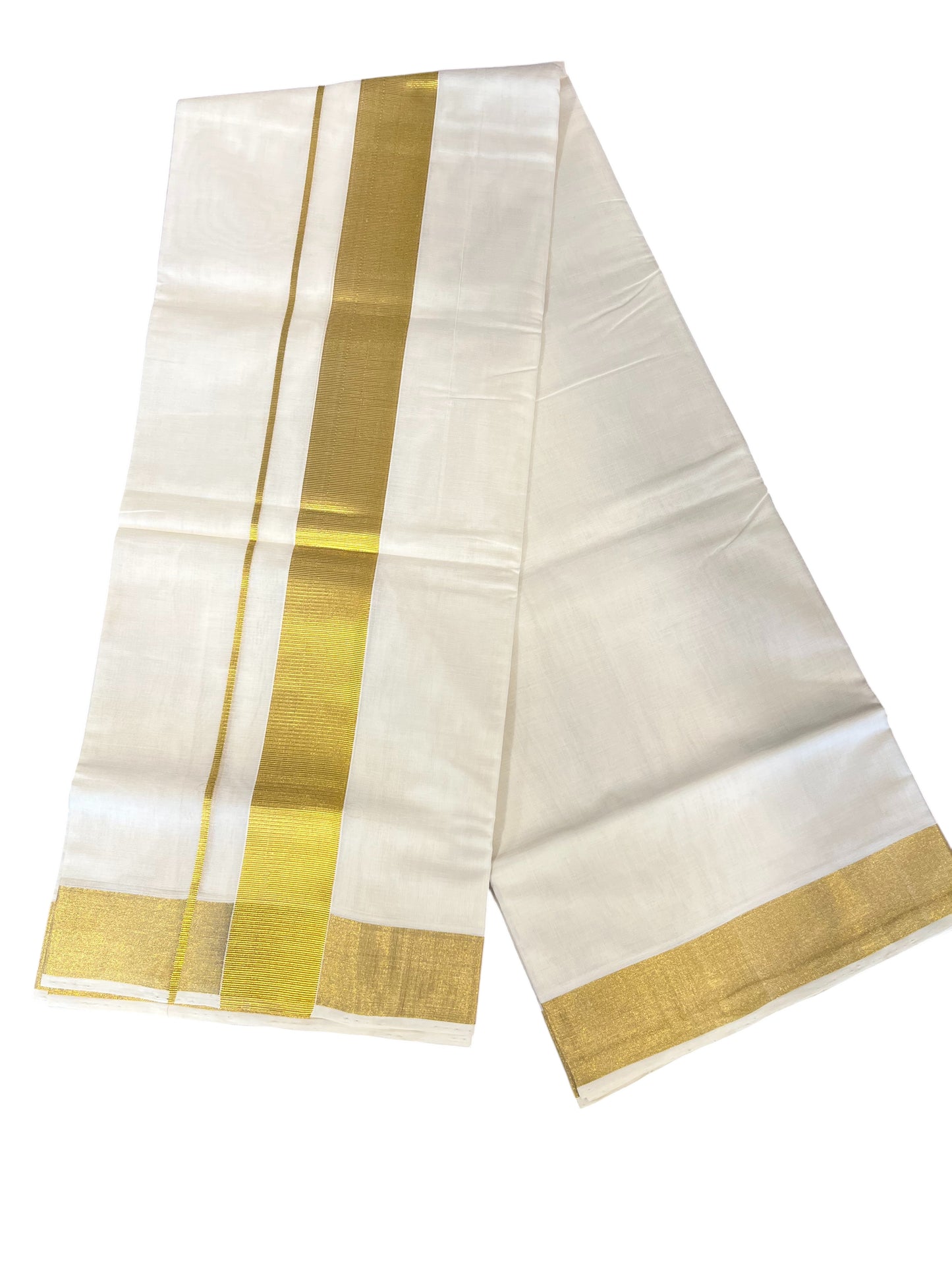 Southloom Premium Handloom Cotton Double Mundu with Gold Kasav Border