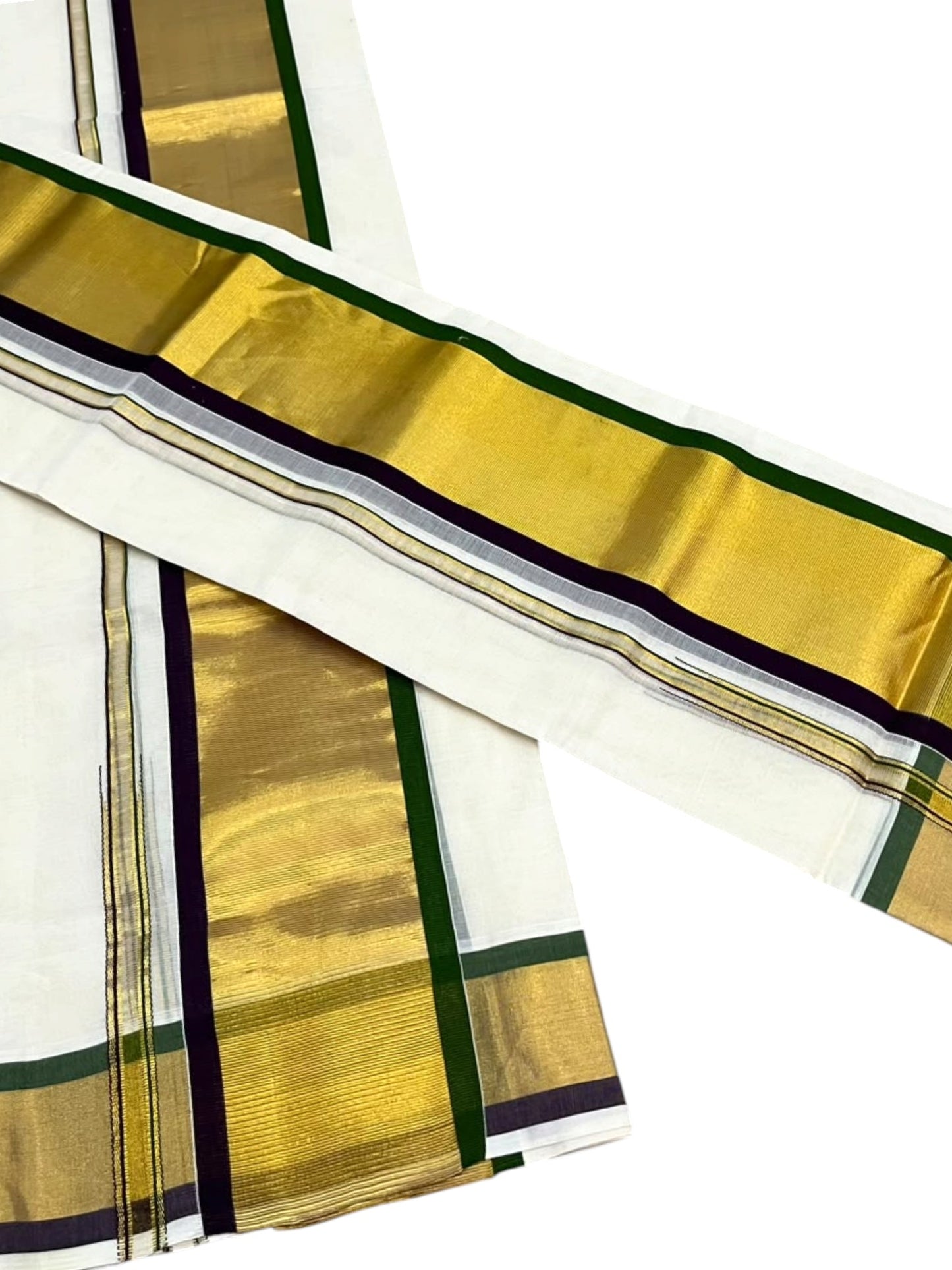 Southloom Premium Handloom Set Mundu with Purple & Olive Green Border and Kasavu Lines Across Body 2.80 Mtrs
