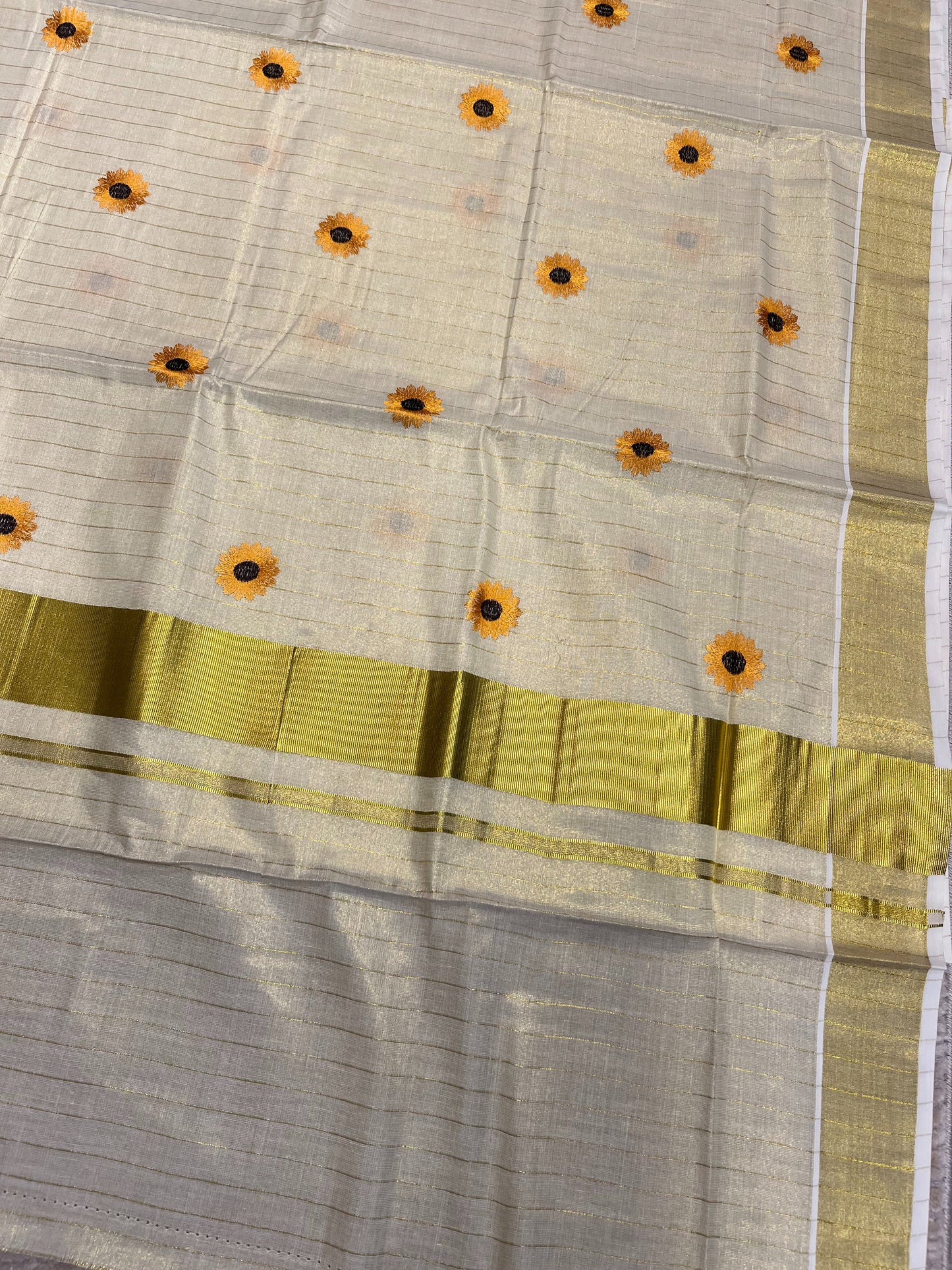Kerala Tissue Kasavu Lines Saree with Flower Floral Embroidery Works