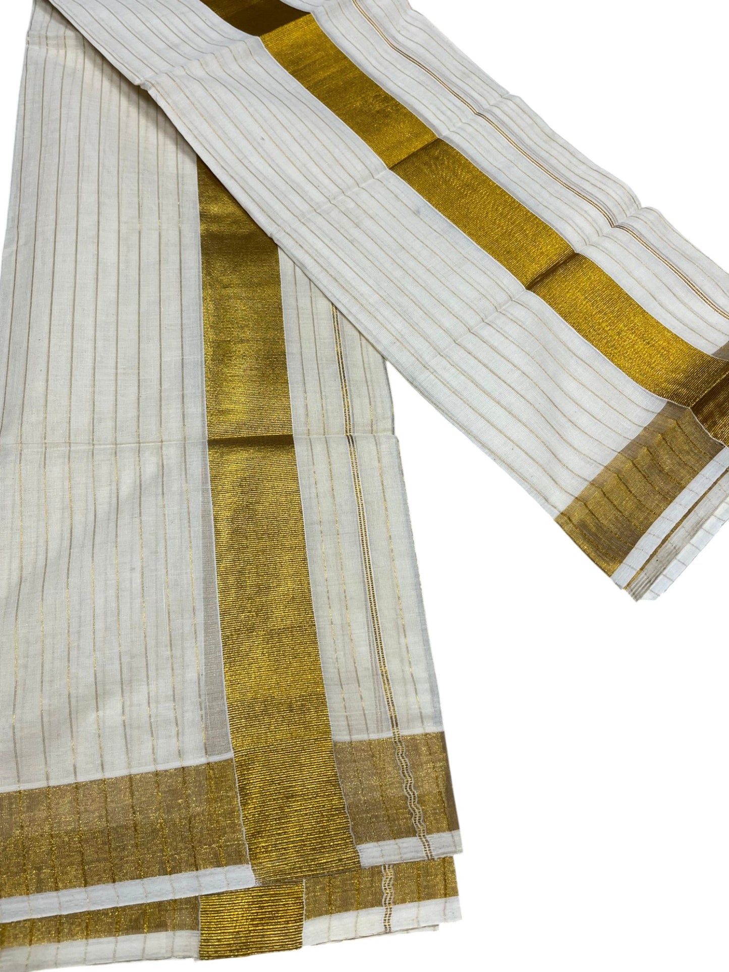 Southloom Pure Cotton Kerala Kasavu Set Mundu (Mundum Neriyathum) Kasavu Border and Lines on Body in 2.80 mtrs SL338