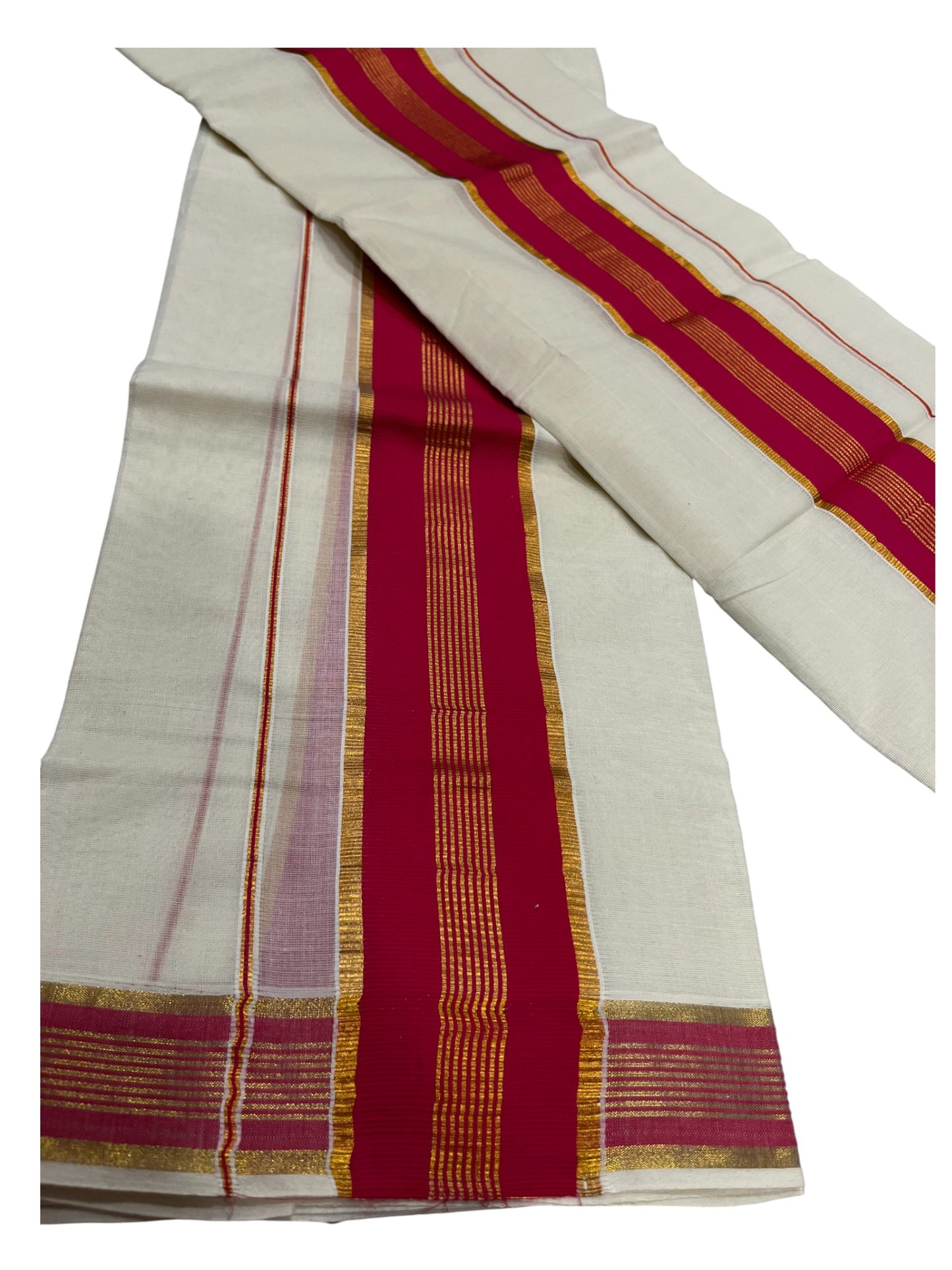 Kerala Cotton Set Mundu (Mundum Neriyathum) with Kasavu and Red Border