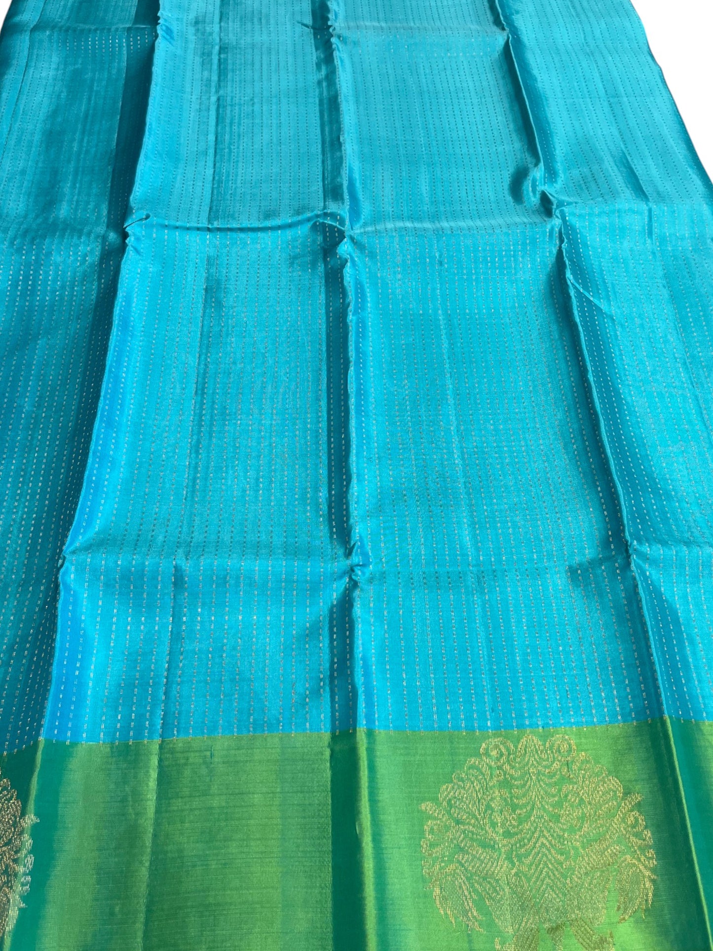 Southloom Premium Bridal Handloom Kanchipuram Silk Saree With Korvai Works (Blue & Green)